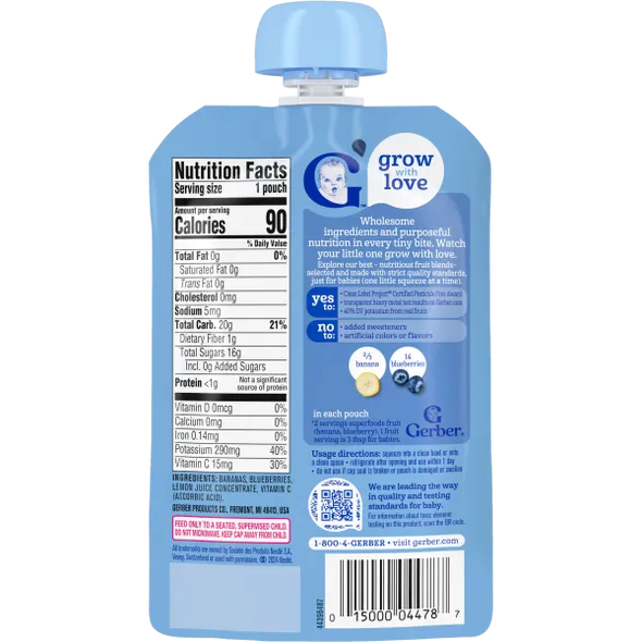 Gerber Banana Blueberry Fruit Puree Baby Food Pouch – Stage 2, 3.5 oz (99g)