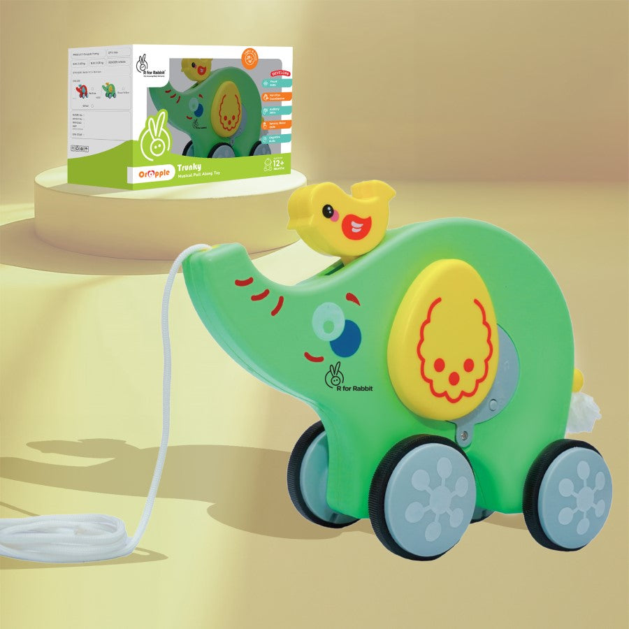 R For Rabbit Orapple Trunky Fun & Safe Musical Pull-Along Toy Green Yellow 12M+