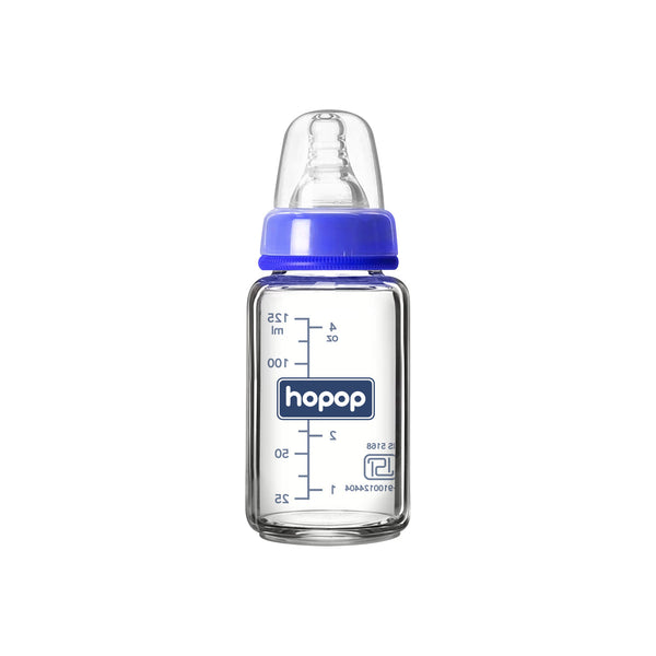 Hopop Premium Slim Neck Glass Feeding Bottle 120 ml 4 oz Blue