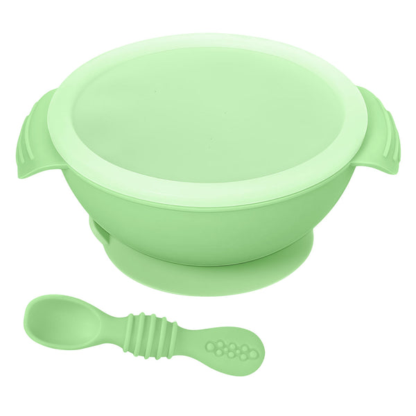 Hopop Silicone Bowl & Spoon with Suction Base & Snap-On Lid 6M+ Green