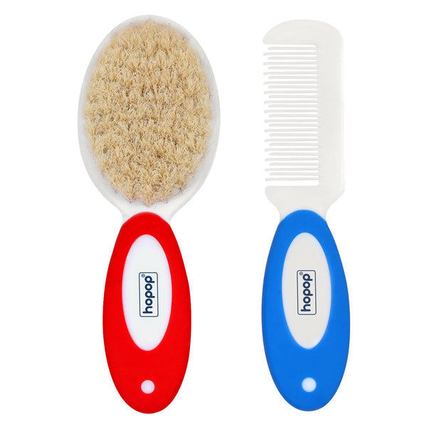 Hopop Baby Natural Bristle Hair Brush & Rounded Teeth Comb 2-Piece Red-Blue
