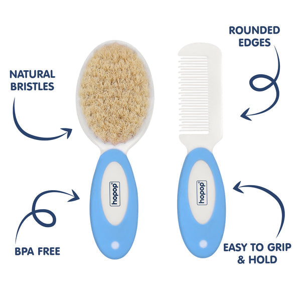 Hopop Natural Bristle Comb & Brush Set - Blue