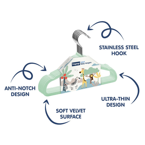 Hopop Non-Slip Velvet Baby Clothes Hangers -PACK OF 6 - GREEN