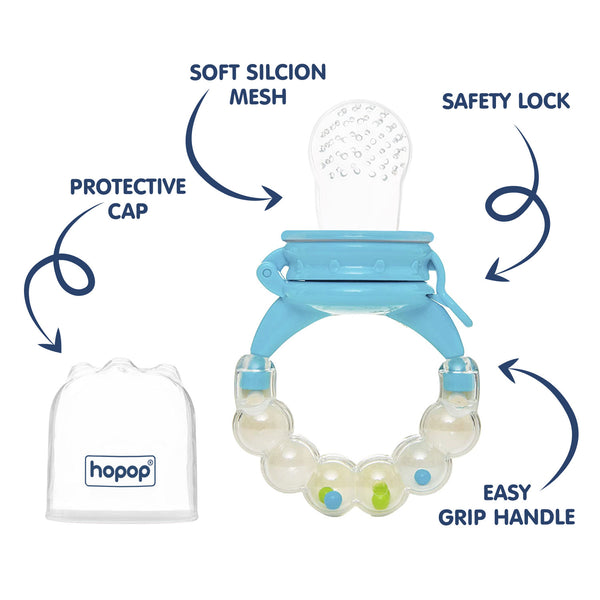 Hopop Baby Food & Fruit Nibbler with Rattle Handle Blue & White