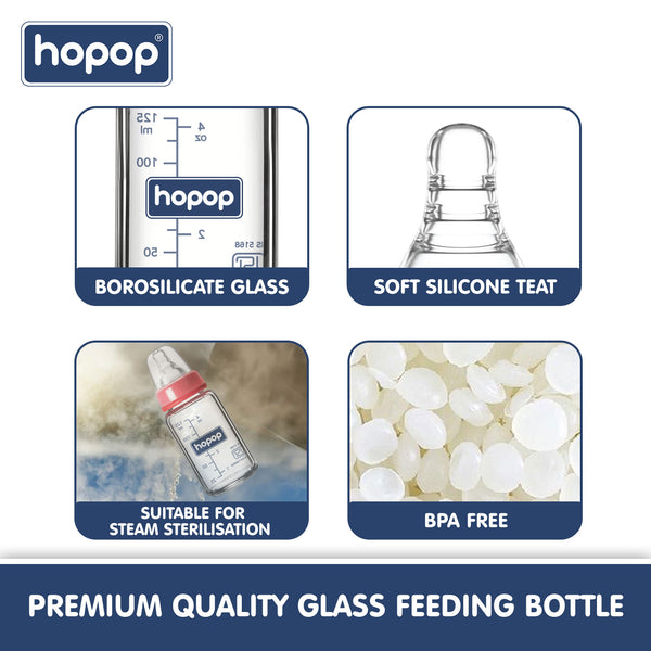 Hopop Premium Slim Neck Glass Feeding Bottle – 125ml BPA-Free