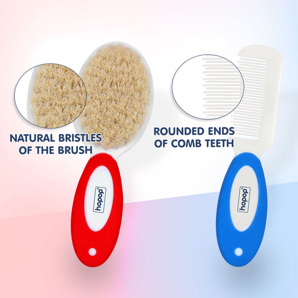Hopop Natural Bristle Comb & Brush Set - Red Blue