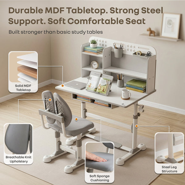 R For Rabbit Kiddie Grow Flex Adjustable Kids Study Table with Chair – Ergonomic Desk with Storage Shelves, Drawer, Spacious Tabletop & Height Adjustment for Growing Kids (3–15 Years)
