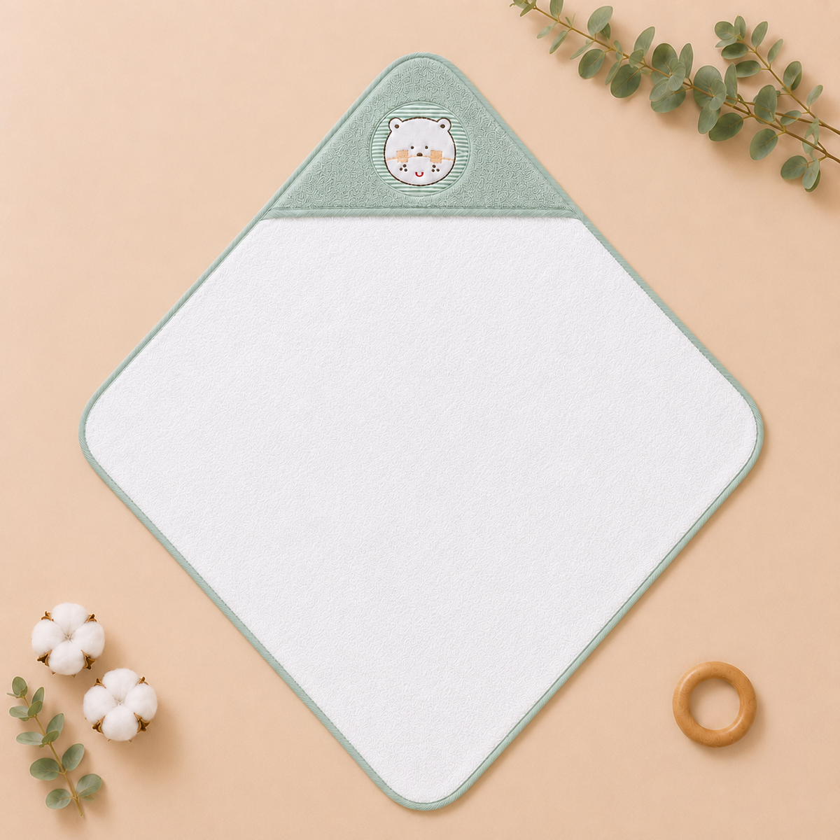 Babiano Teddy Bear Baby Hooded Towel – White & Sea Green