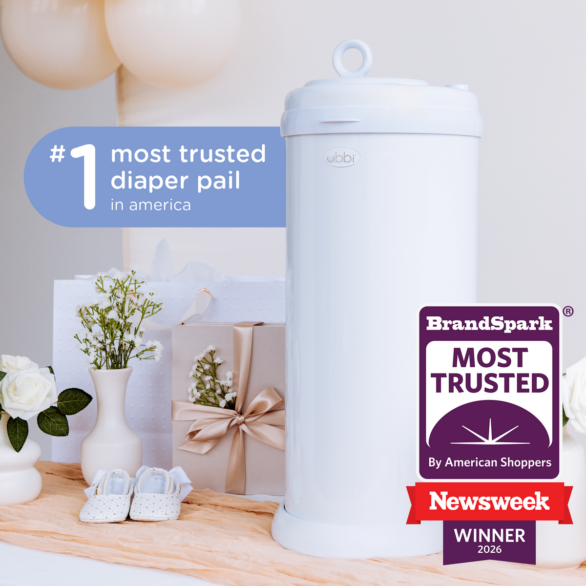 Ubbi Stainless Steel Diaper Pail with Child Safety Lock - Matte White
