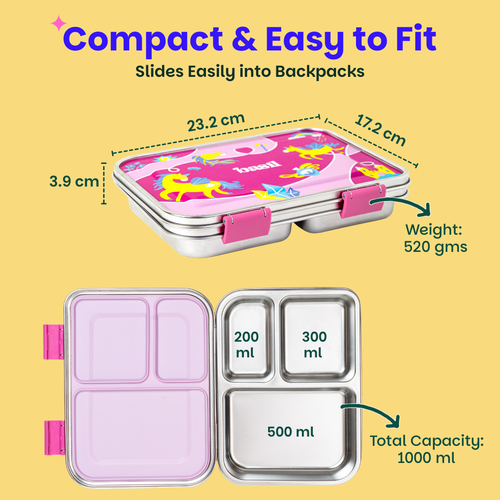 Basil Bento Neo 3-Compartment Lunchbox 1000 ml Pixie Dash