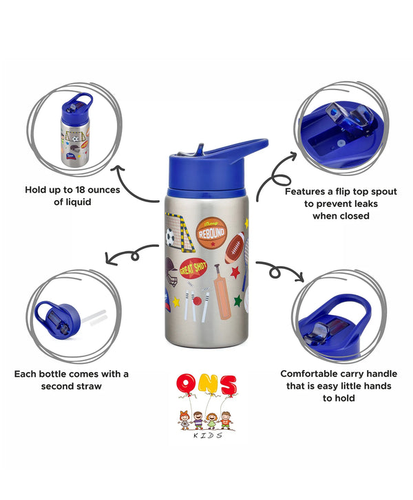 ONS Kids Stainless Steel Water Bottle Sports Theme Blue - 530 ml