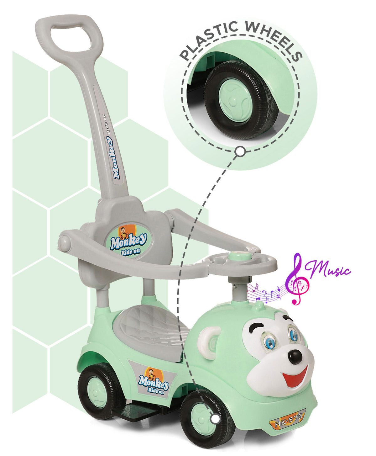 Dash Monkey 3 in 1 Ride on for Kids (2 Years Plus) Musical Push Car with Parental Handle