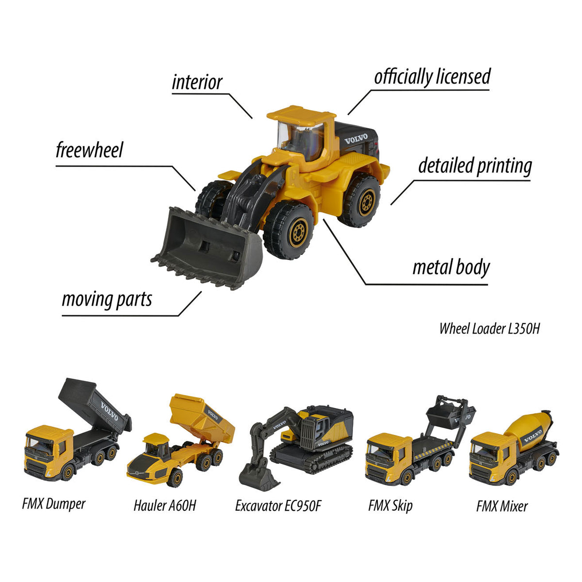 Majorette Volvo Construction 3-Piece Set 7.5 cm Yellow & Black