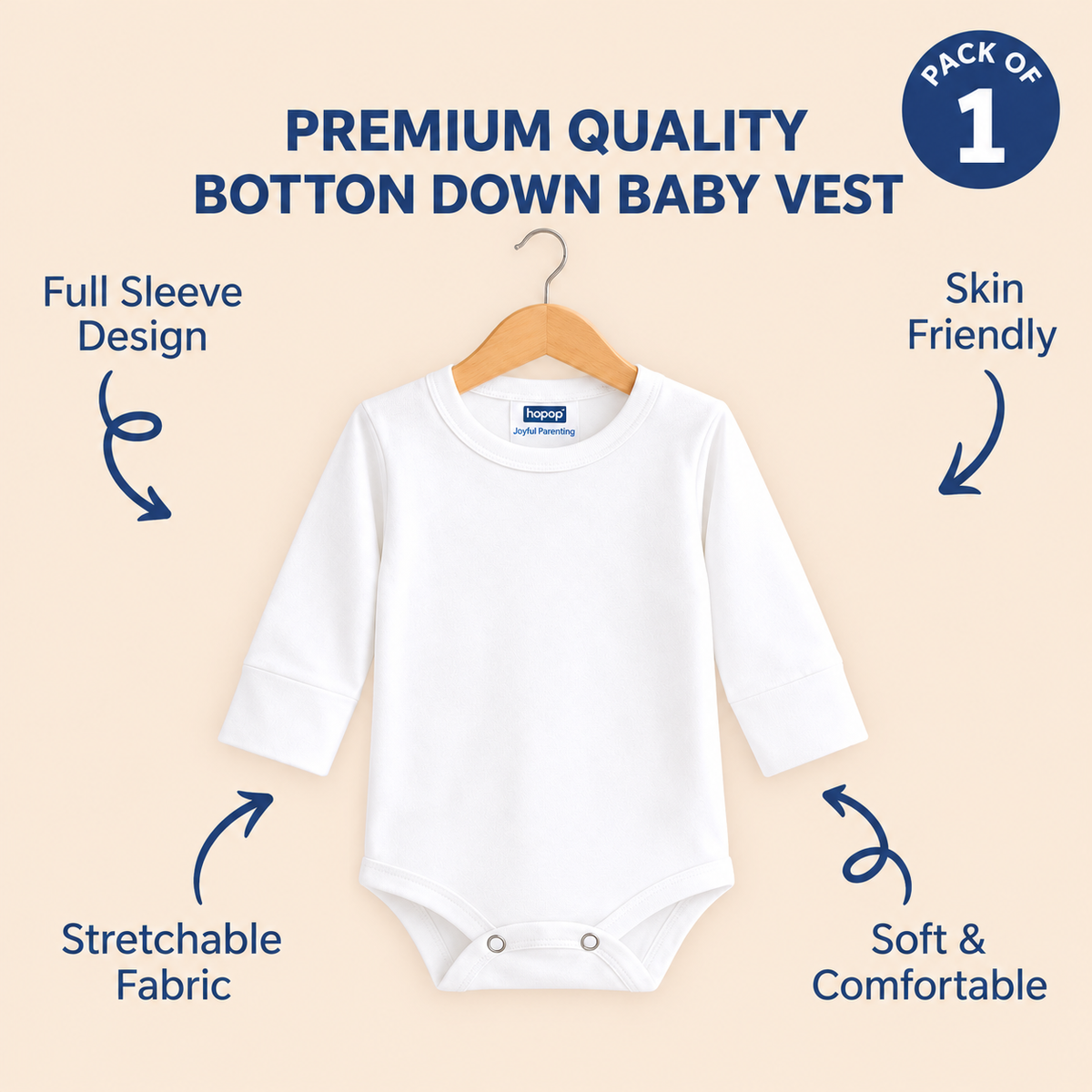 Hopop Baby Cotton Round Neck Full Sleeve Romper Pack of 1 - White