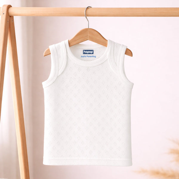 Hopop Envelope Neck Sleeveless Solid Patterned Cotton Vest - White