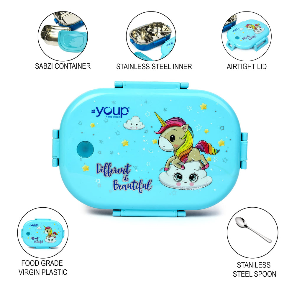 Youp Stainless Steel Blue Color Kids Lunch Box - Unicorn Theme