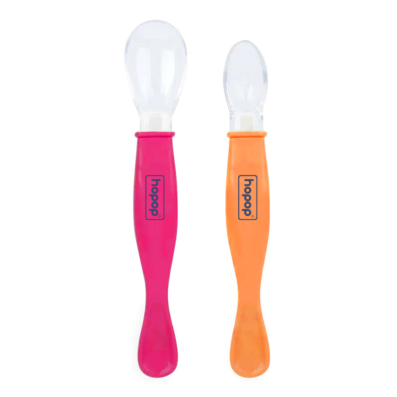 Hopop Silicone Baby Self-Feeding Spoons Pack of 2 Pink & Orange