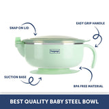 Hopop Stainless Steel Baby Feeding Bowl with Lid & Suction Base - Green