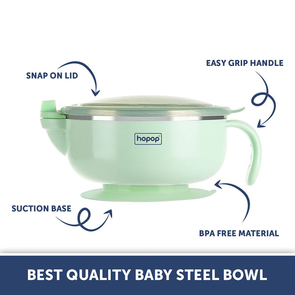 Hopop Stainless Steel Baby Feeding Bowl with Lid & Suction Base - Green