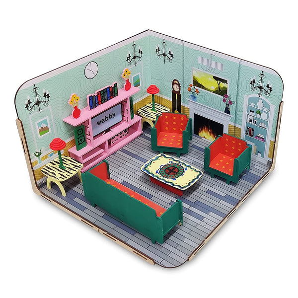 Webby Diy Build & Paint Living Room With Furniture Wooden Dollhouse
