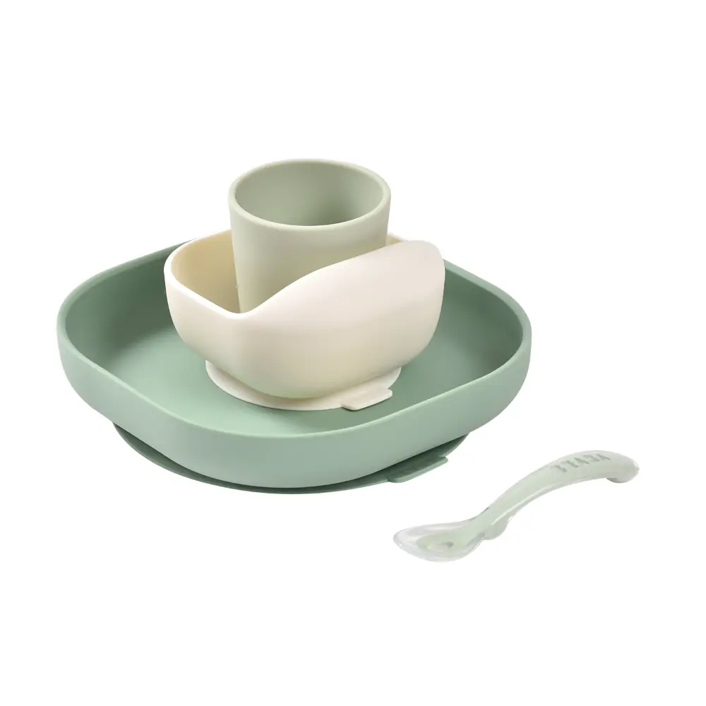 Béaba 4-Piece Silicone Dinner Set 4M+ – Sage Green / Misty Green