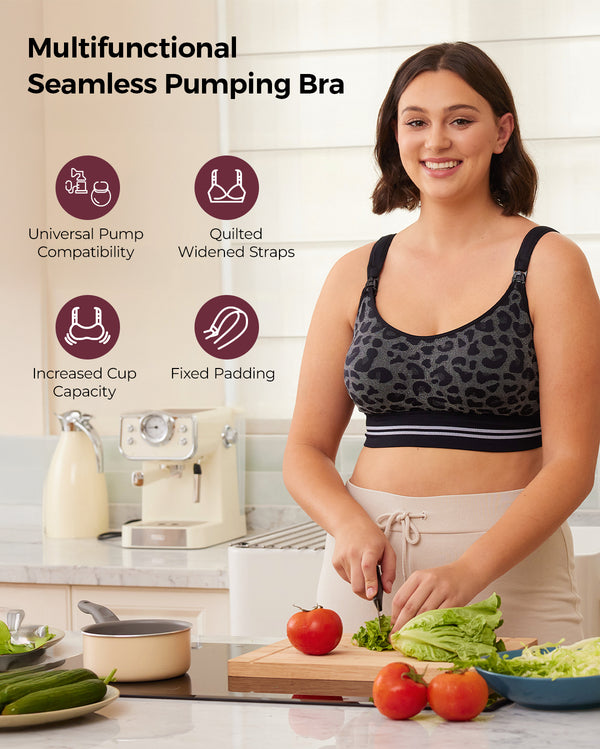 Momcozy 4-in-1 Hands Free Pumping Bra Leopard Grey - Medium