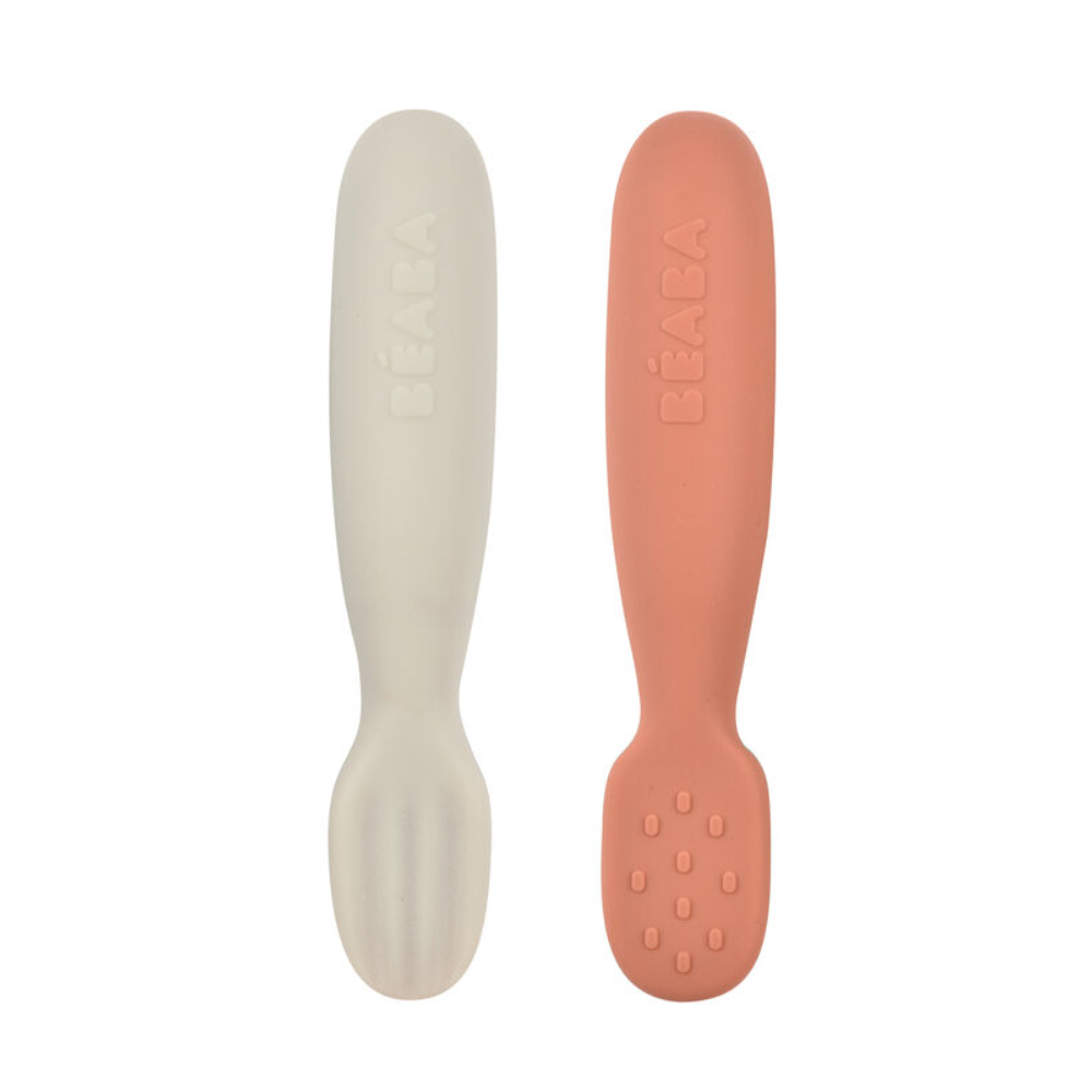 Béaba Set of 2 Silicone Pre-Feeding Spoons – Terracotta / Velvet Grey