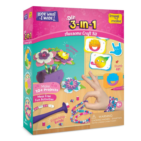 ImagiMake 3 in 1 Awesome Craft Kit | Stamp Art, Friendship Band, 3D Flower Making