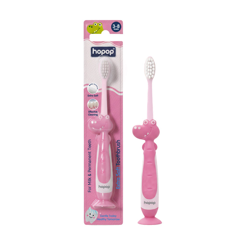 Hopop Kids Toothbrush Extra Soft Crocodile Design 3–8Y – Pink