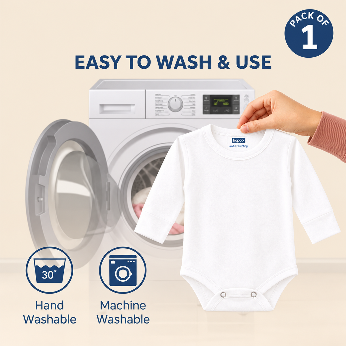 Hopop Baby Cotton Round Neck Full Sleeve Romper Pack of 1 - White