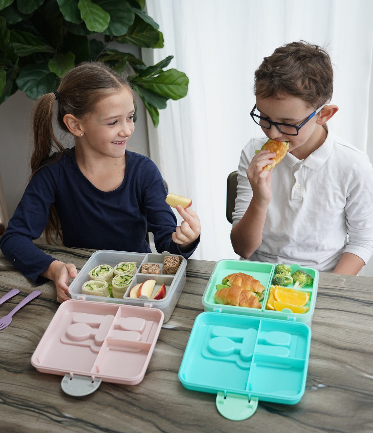 Melii 2 Tier Bento Box with Utensils 6 Compartments – Pink Purple Grey