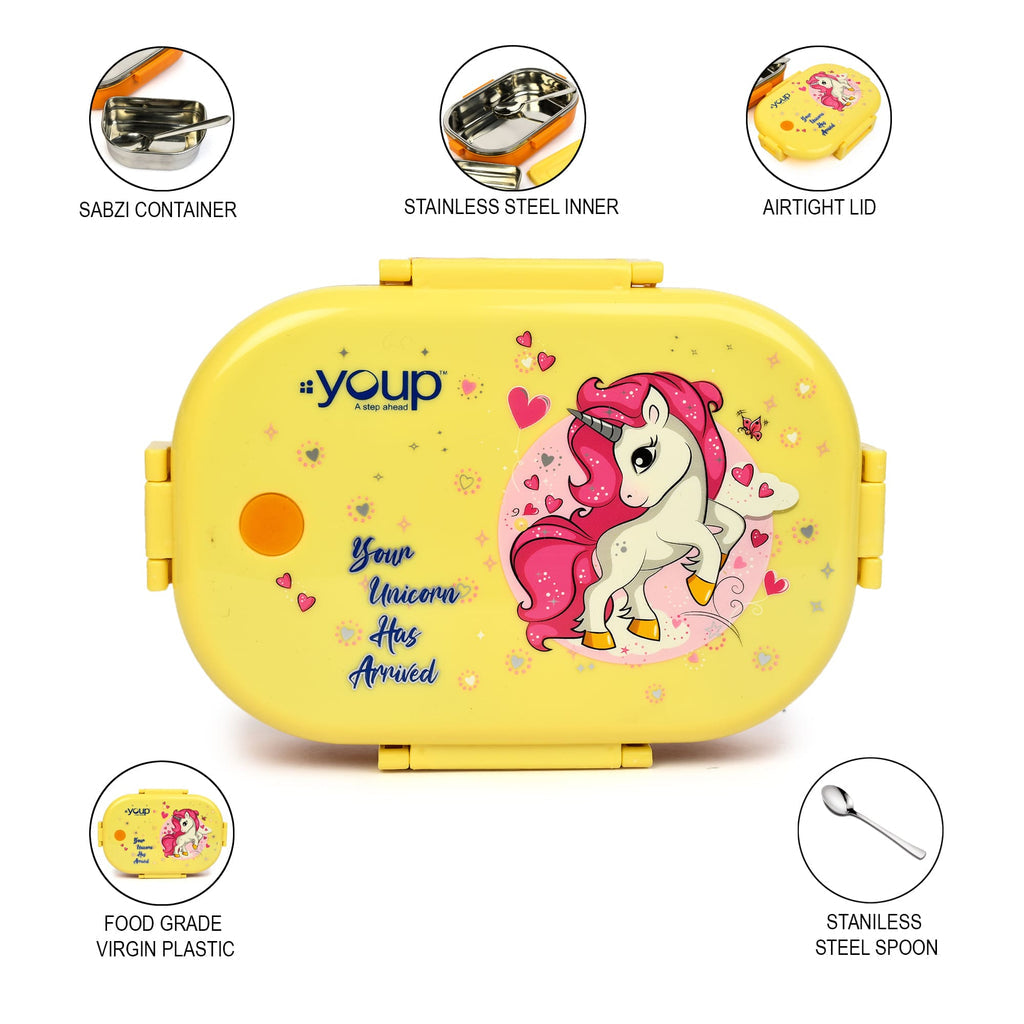Youp Stainless Steel Purple & Green Color Kids Lunch Box - Unicorn Theme