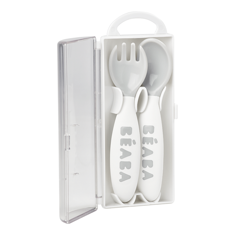BEABA 2nd Stage Ergonomic Spoon & Fork Set – Light Mist | 8M+