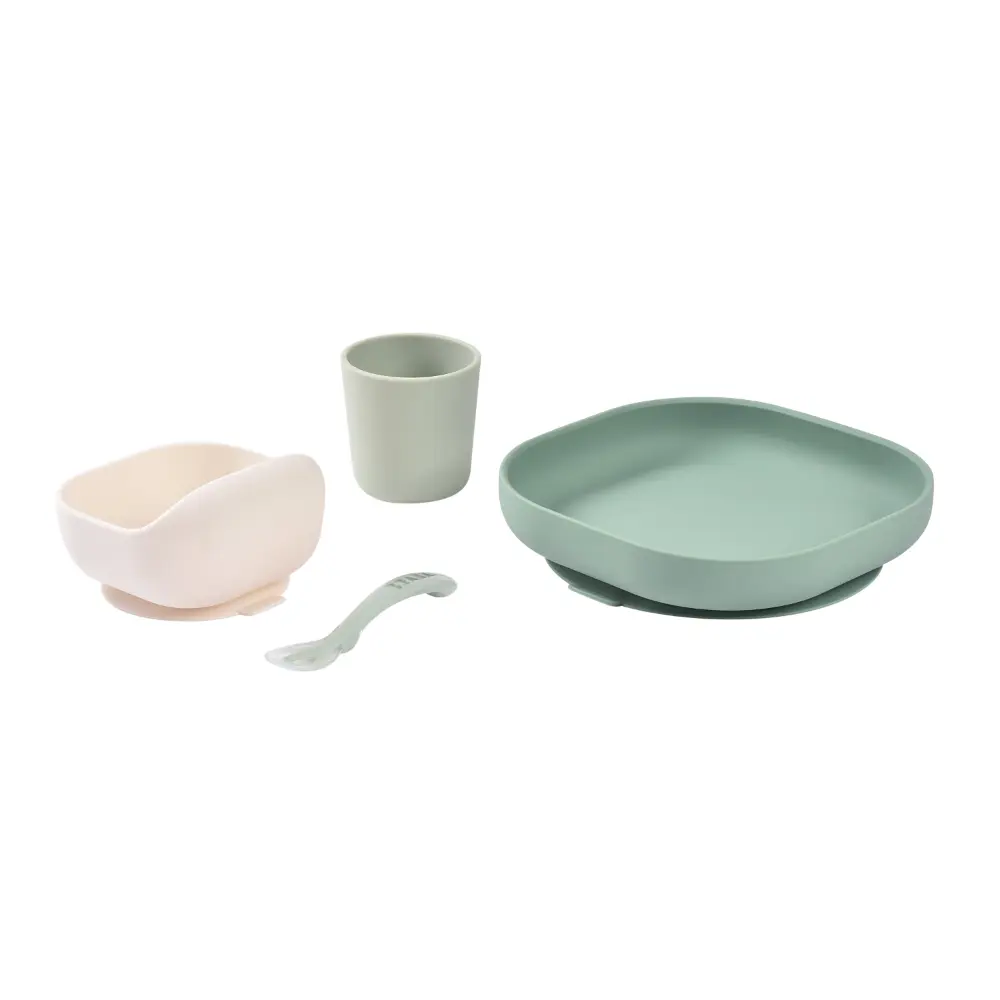 Béaba 4-Piece Silicone Dinner Set 4M+ – Sage Green / Misty Green