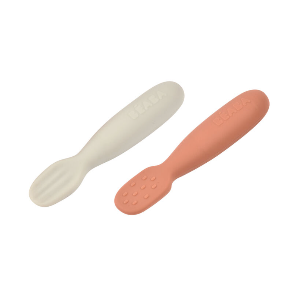Béaba Set of 2 Silicone Pre-Feeding Spoons – Terracotta / Velvet Grey