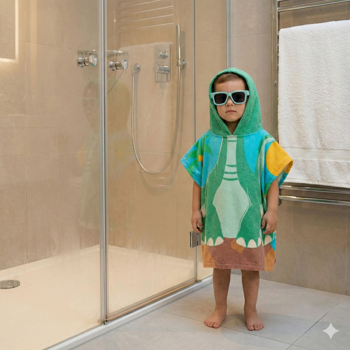 Quad Seven Dino-Mite Dinosaur Hooded Towel Poncho with Sunglasses (2–4 Years) – Soft & Absorbent Beach & Bath Robe