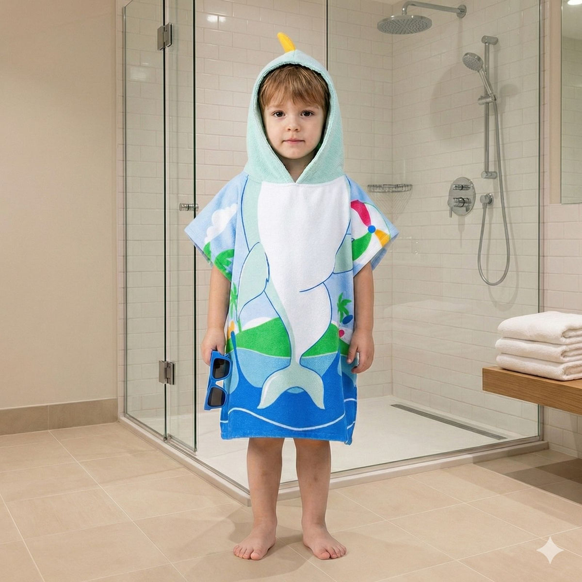 Quad Seven Playful Dolphin Hooded Towel Poncho for Boys (2–4 Years) – Soft Beach Robe with Sunglasses