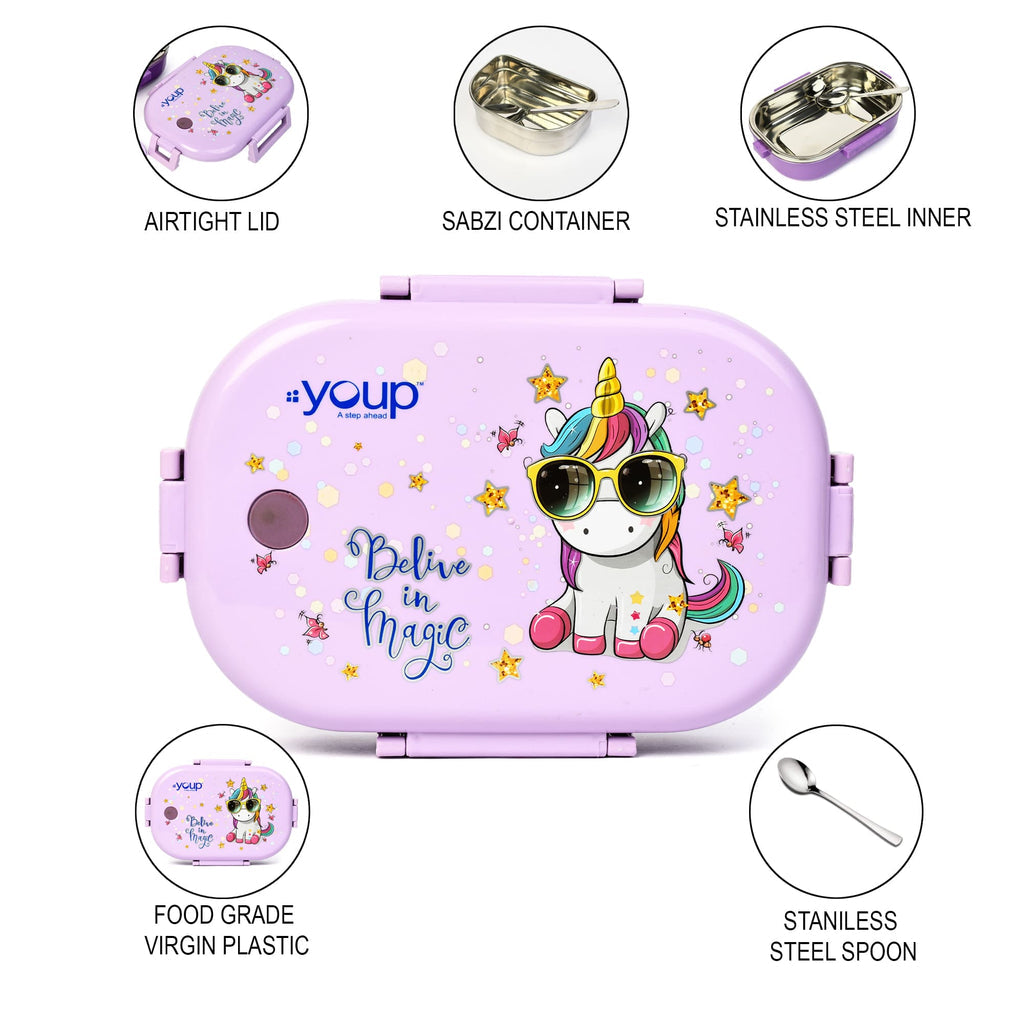 Youp Stainless Steel Purple Color Kids Lunch Box - Unicorn Theme