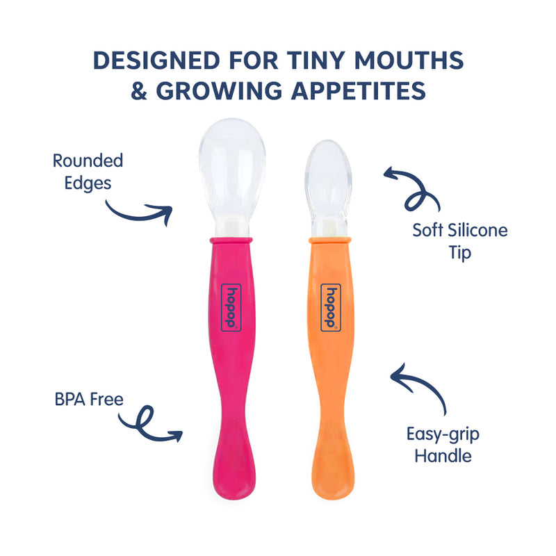 Hopop Silicone Baby Self-Feeding Spoons Pack of 2 Pink & Orange