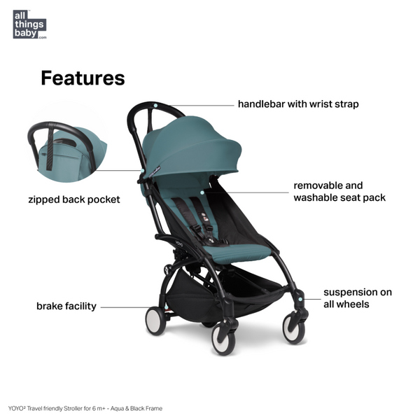 Babyzen Stroller YOYO² with 6+ Color Pack - Black Frame - Aqua