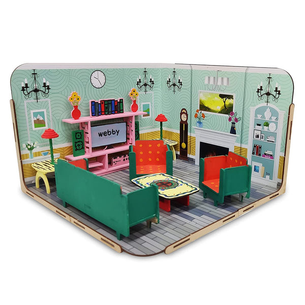 Webby Diy Build & Paint Living Room With Furniture Wooden Dollhouse