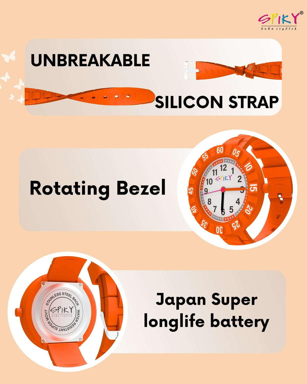 Spiky Stylish Analog Watch for Kids Boys and Girls EVA43C - Orange