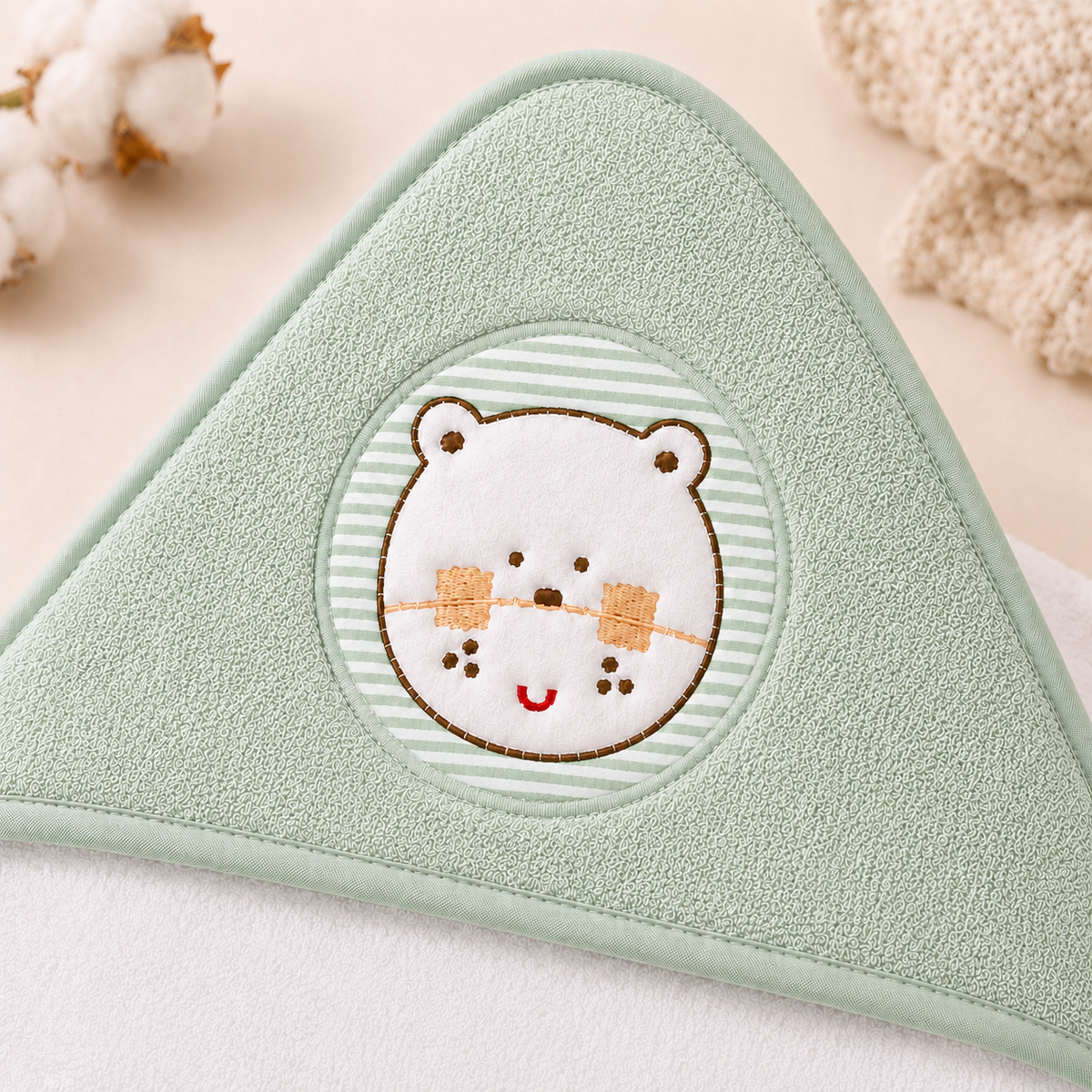 Babiano Teddy Bear Baby Hooded Towel – White & Sea Green