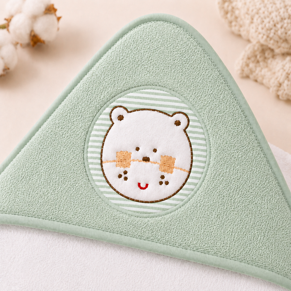 Babiano Teddy Bear Baby Hooded Towel – White & Sea Green
