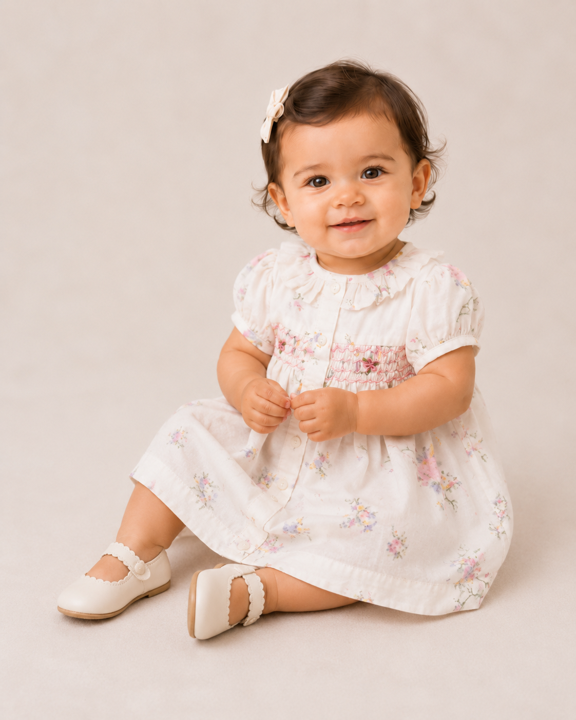 Calyx Baby Girl Floral Smocked Cotton Frock 0–3 Months Cream & Pink