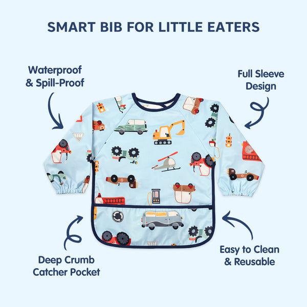 Hopop Waterproof Full Sleeve Baby Bib with Food Catcher Pocket – Apron Style - Assorted Print