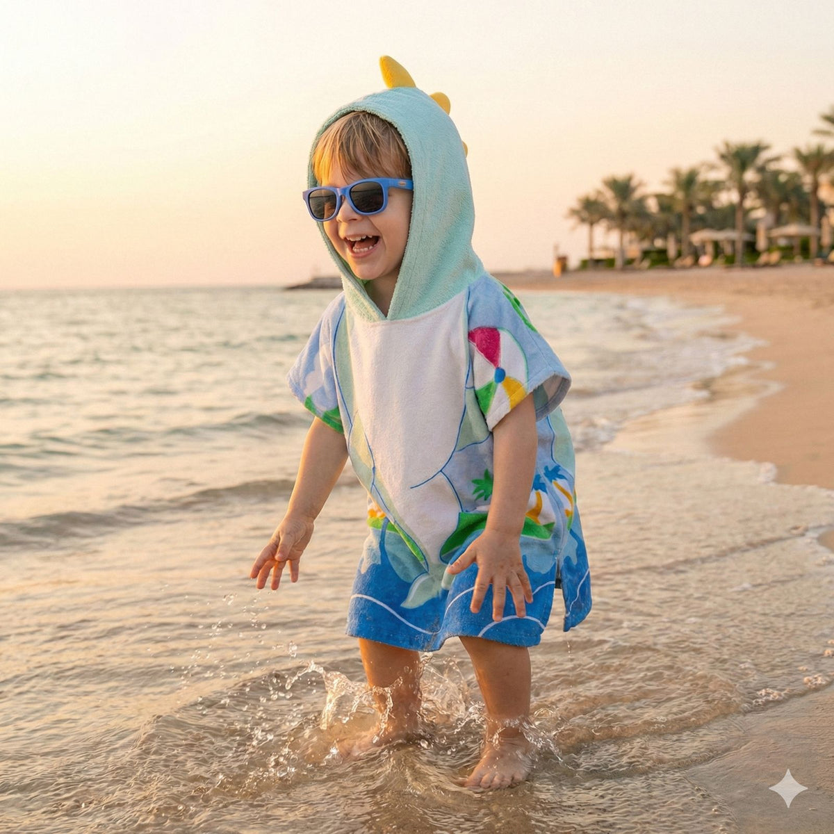Quad Seven Playful Dolphin Hooded Towel Poncho for Boys (2–4 Years) – Soft Beach Robe with Sunglasses