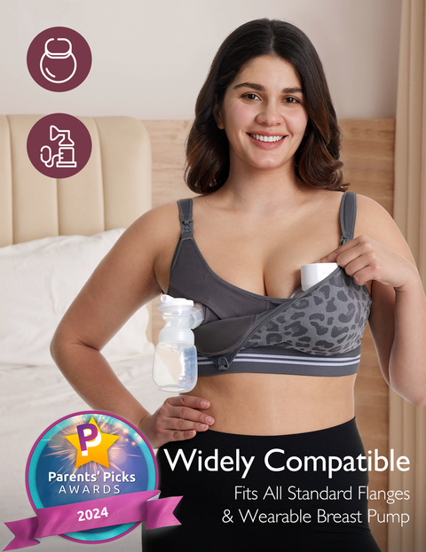 Momcozy 4-in-1 Hands Free Pumping Bra Large Leopard Grey