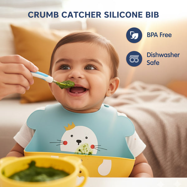 Hopop Easy Clean Waterproof Silicone Bib with Crumb Catcher 6M+ Assorted Print