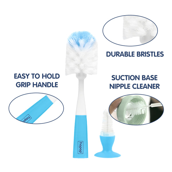 Hopop 2-in-1 Bottle & Nipple Cleaning Brush Grooved Handle with Suction Base One Size – Blue